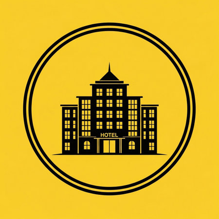 a graphic hotel building illustration in black on a yellow background circle.の素材