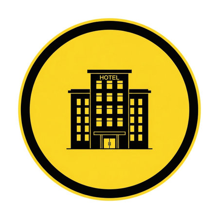 a hotel building icon in yellow and black, perfect for travel and tourism designの素材