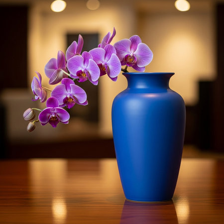 a stunning still life photograph featuring purple orchids in a vibrant blue vase86の素材