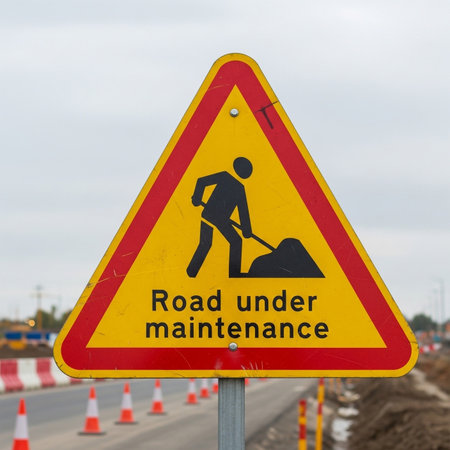 a yellow road work ahead sign with a triangle shape and road maintenance textの素材