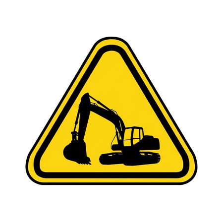 a yellow triangle warning sign featuring a black excavator silhouette icon.の素材