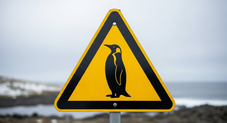 a yellow penguin crossing sign warns of wildlife in the antarctic regionの素材