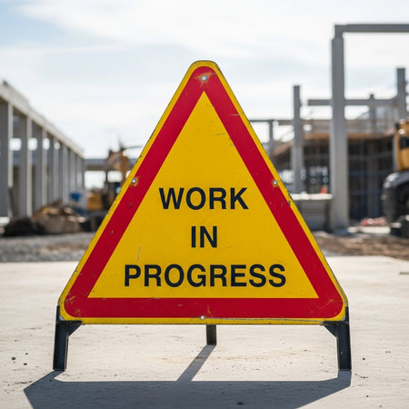 a yellow work in progress sign at a construction site on a sunny day.の素材