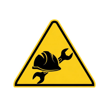 a yellow triangle warning sign with a black helmet and wrench icon inside.の素材