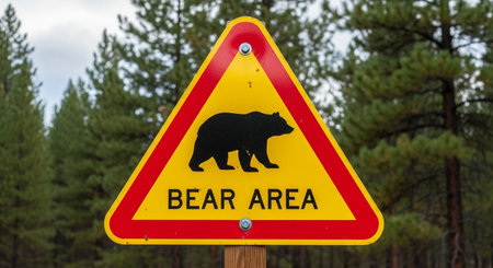 a bear warning sign alerts visitors to potential wildlife danger in forestの素材