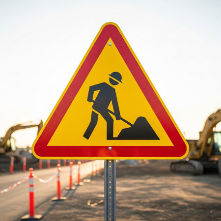 a road work ahead sign warns of construction and ensures safety on the road.の素材
