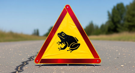 a frog crossing sign on the road to alert drivers of nearby amphibiansの素材
