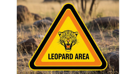 a yellow triangle warning sign indicates a leopard area, caution advised.の素材