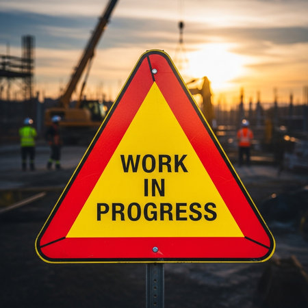 a work in progress sign at a construction site during sunset, be careful nowの素材