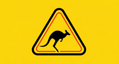a yellow sign with a kangaroo silhouette inside a black and red triangleの素材