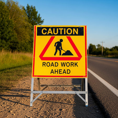 caution road work ahead sign on the roadside for traffic safety and warningの素材