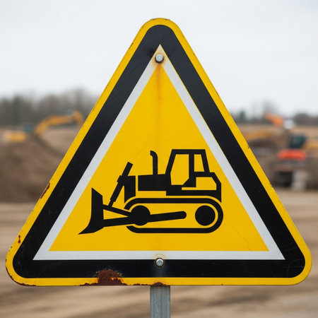 A yellow triangle warning sign shows a bulldozer cautioning about construction.の素材