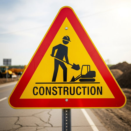 a construction ahead sign warns of road work and traffic safety concerns.の素材