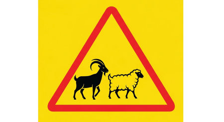a yellow road sign with a red triangle showing a goat and a sheep crossingの素材