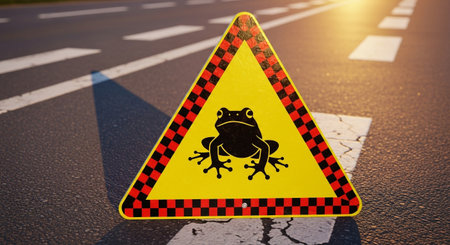 a frog crossing sign on a road warns drivers to watch for amphibians nearbyの素材