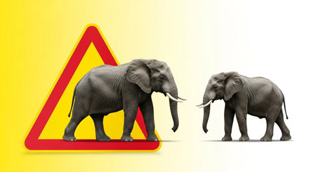 two elephants beside a warning sign, symbolizing conservation efforts nowの素材