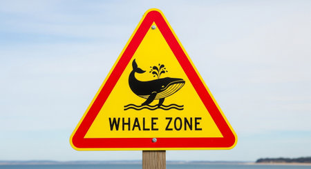 a yellow triangle sign warns of whales in the area near the ocean waters.の素材