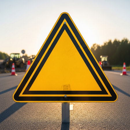 yellow triangle warning sign indicating road construction ahead, be cautiousの素材