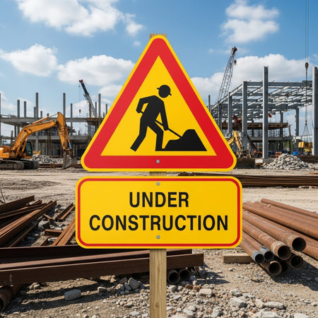 a construction site with a warning sign, heavy equipment, and steel beams.の素材