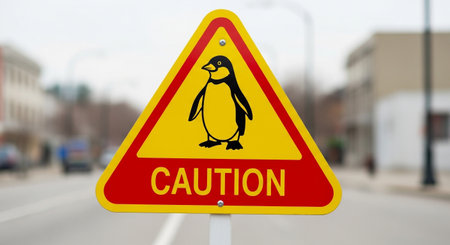 a caution sign with a penguin on it, warning of penguins crossing the roadの素材