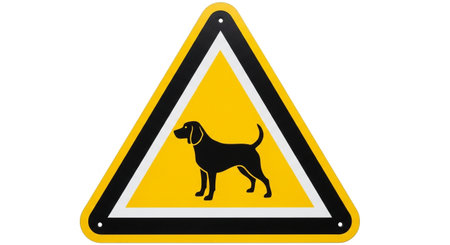 a yellow triangle warning sign with a black dog symbol on a white backgroundの素材