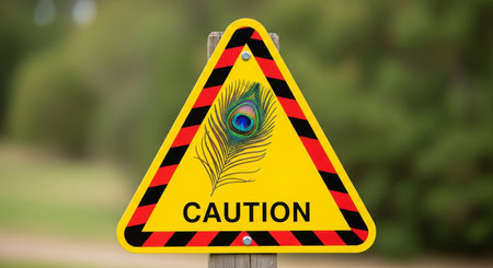 a caution sign with a peacock feather, warning about wildlife in the area.の素材