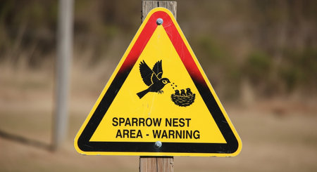 A yellow warning sign alerts to a sparrow nest area for wildlife protectionの素材