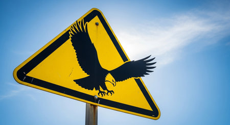 a yellow triangle sign shows a black silhouette of a flying eagle symbol.の素材