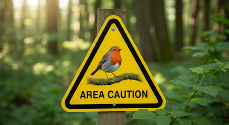 a caution sign with a robin bird in a forest, wildlife area and nature parkの素材