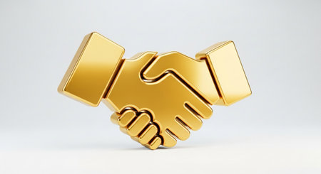 Gold Handshake icon isolated on white background. 3D rendered fractal.の素材