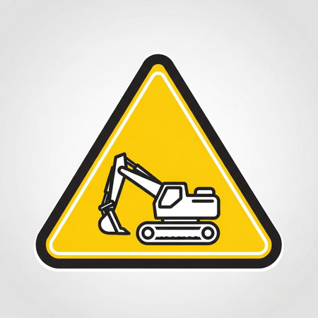 Warning sign with excavator symbol. Vector illustration. Yellow triangle.の素材
