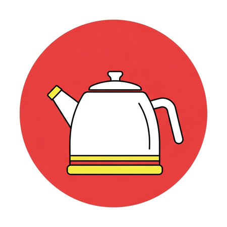 a simple illustration of a white teapot with yellow accents, set against a vibrant red circular backgroundの素材