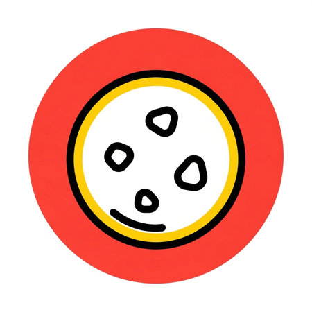 a red circle with a yellow border and a white center containing black shapes, an illustrative design elementの素材