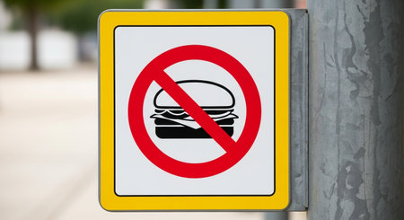 a sign indicates that sandwiches are not allowed in the area, promoting a clean and healthy environment.の素材