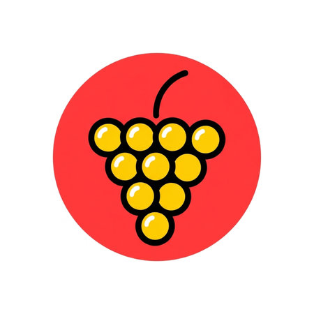 A vibrant illustration of a bunch of grapes, set against a red circle, symbolizing fresh, healthy produce.の素材