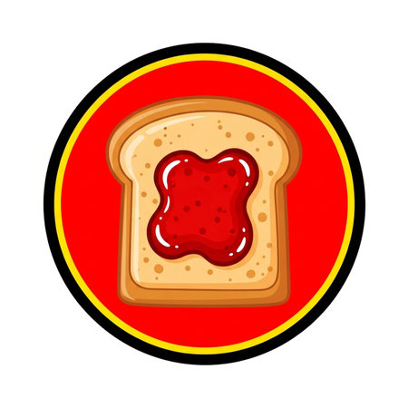 a piece of toast with jam on a red background, perfect for breakfast or a sweet snack any time of the day.の素材