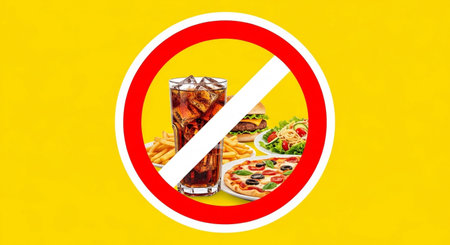 a warning sign against unhealthy eating habits, featuring forbidden junk food like soda, burger, pizza, and friesの素材