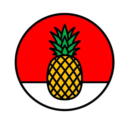 a vibrant pineapple illustration with bold colors set against a red and white background in a circular frameの素材