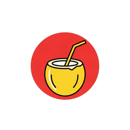 a vibrant illustration of a coconut drink with a straw, set against a bold red circle background.の素材