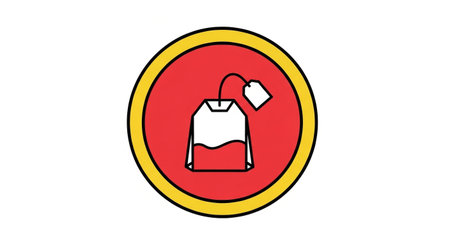 a stylized teabag icon with a red background and yellow border, perfect for tea or beverage related designsの素材