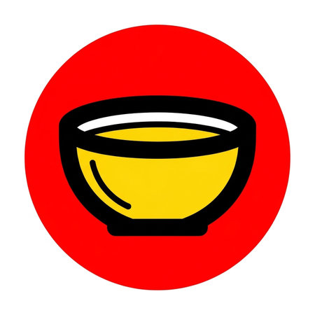 a yellow bowl with black outline sits on a red circle, simple and clean design for food related projectsの素材