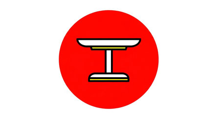 A simple illustration of a white table with yellow accents, set against a vibrant red circular background.の素材