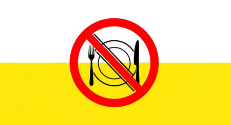 this image represents a no food symbol, indicating a restriction on eating, dieting, or dining here.の素材