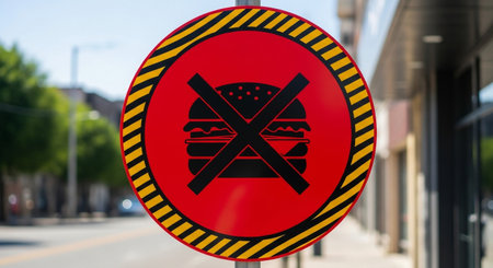 Hamburger prohibited sign on a street in the United States.の素材