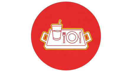 a stylized illustration of a tray with a drink, plate, knife, and fork, representing food service.の素材