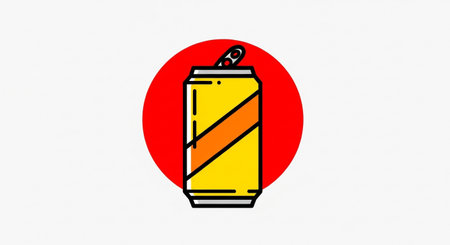 a yellow soda can with an orange stripe, set against a red circle on a white background, simple illustrationの素材