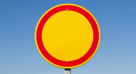 a yellow and red circle sign against a bright blue sky indicates traffic regulations and safety measures.の素材