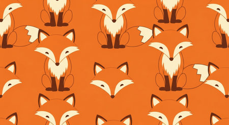 a seamless pattern featuring cute fox illustrations on an orange background for textile designの素材