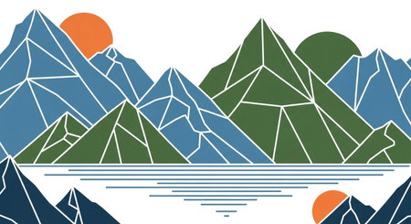 a geometric mountain landscape with sun and lake reflection, a vector graphic design and art pieceの素材