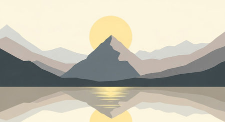 Mountain landscape with a lake and a sun. Vector illustration.の素材